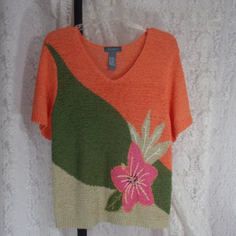 Koret Color Block, Knit Top, Melon Green Beige, Size M  NWOT